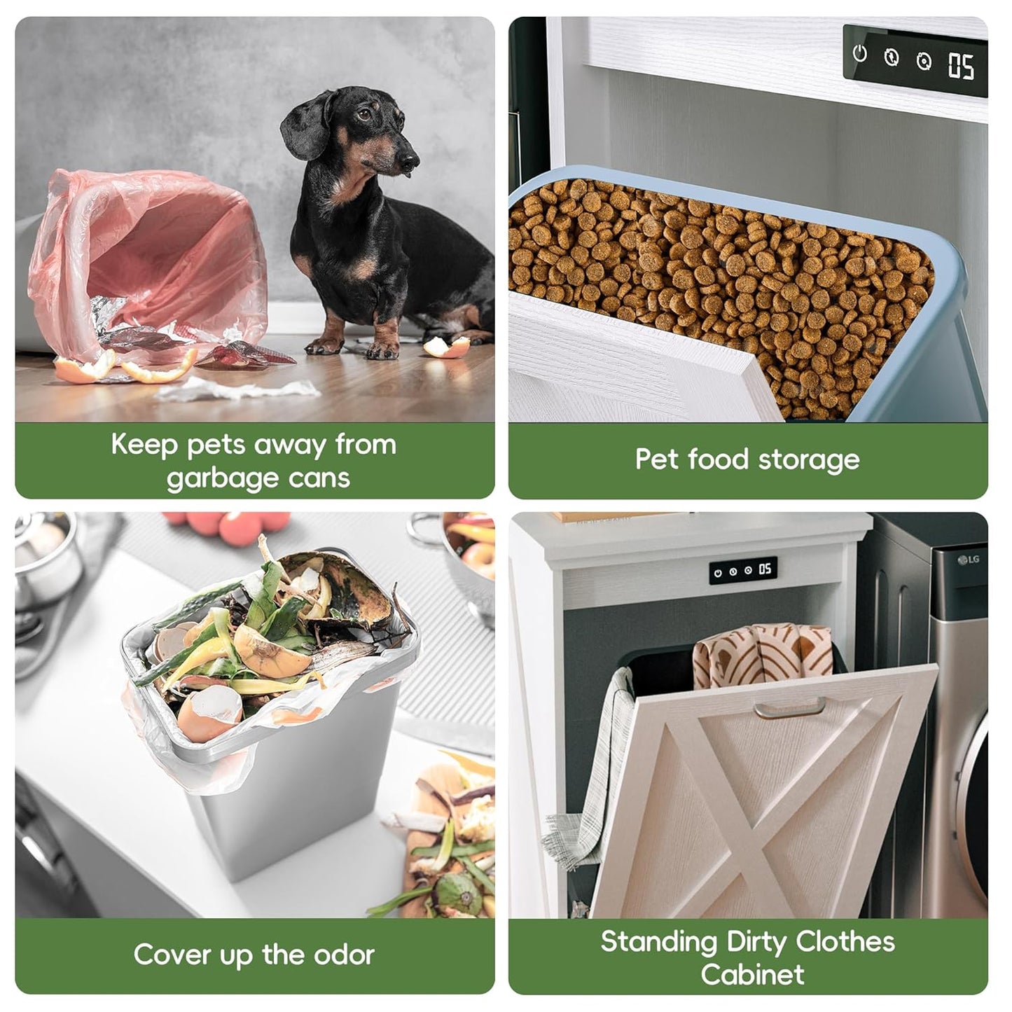 Collage of a dog near garbage, pet food storage, odor control, and cabinet with standing clothes.