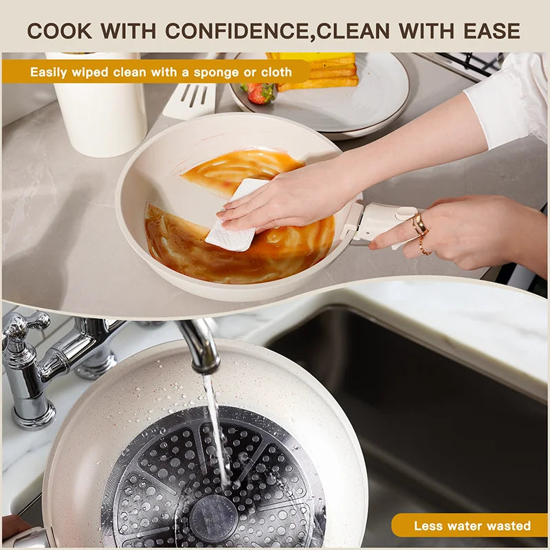 easy to clean our Astercook Ceramic Cookware Set with Sensor Handles, Milky white
