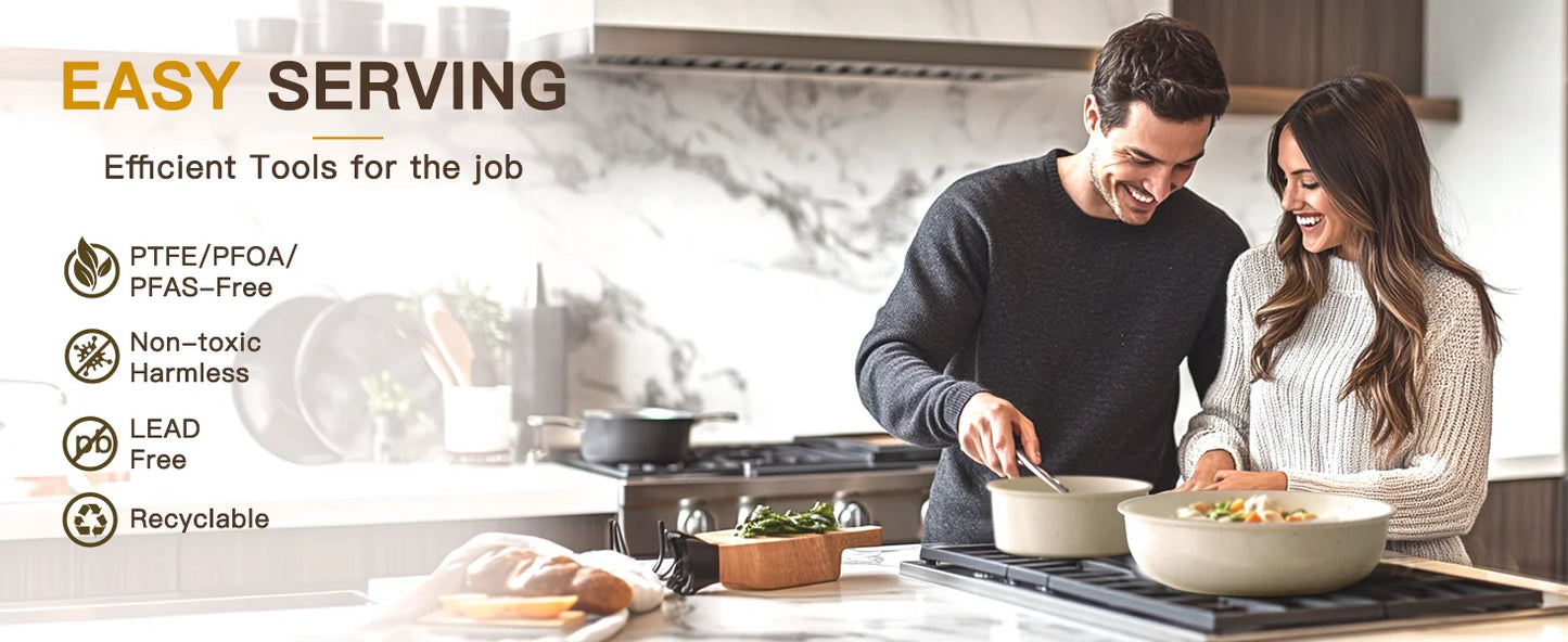 Couple using Astercook nonstick ceramic cookware with PTFE/PFOA/PFAS-free, lead-free, and recyclable properties displayed