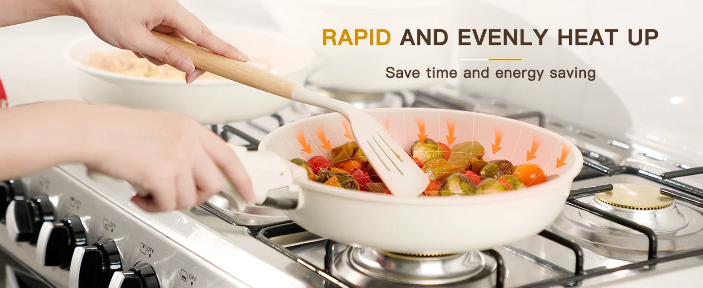 Hand using detachable-handle ceramic pan to sautΓ© vegetables, with arrows showing fast and even heat conductivity