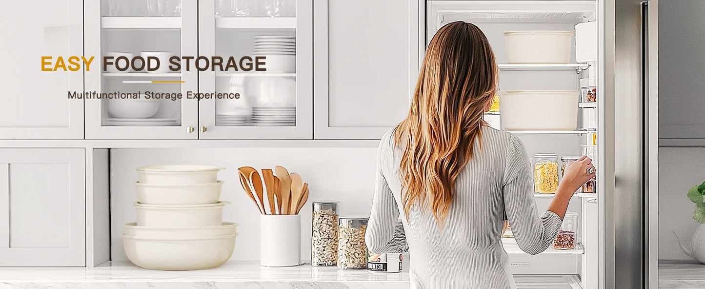 Woman opening a refrigerator with kitchenware and storage solutions displayed.