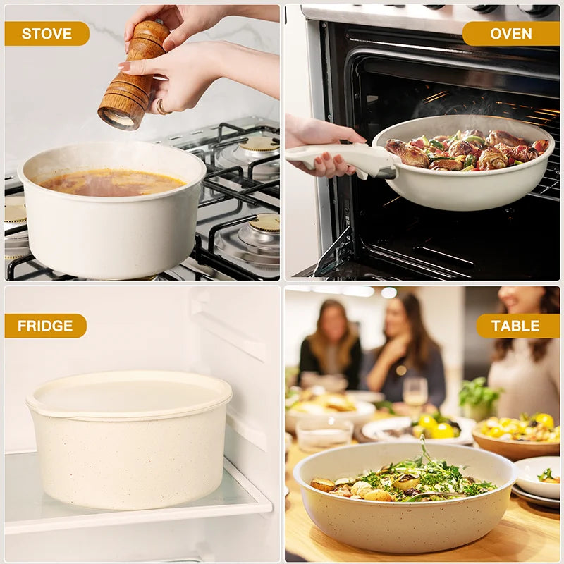 Astercook ceramic cookware used on stove, in oven, stored in fridge, and served at table showcasing removable handle versatilityβ