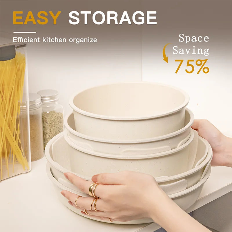 easy storage with these ceramic pots and pans set with removable handles