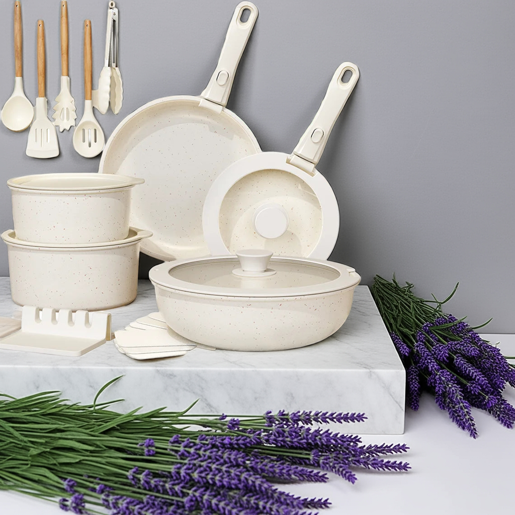 21 Piece Pots and Pans Set Non-Stick, Ceramic Cookware Set With Removable Handles