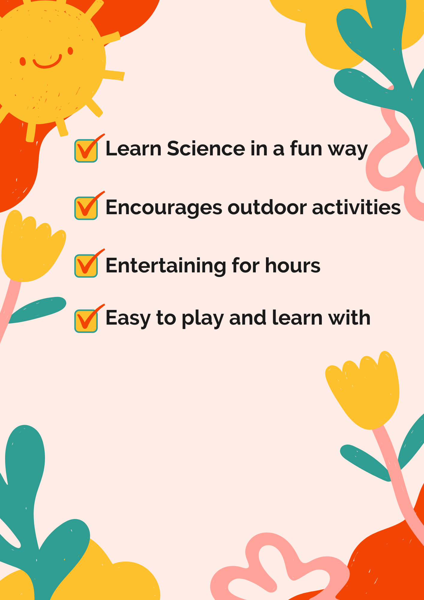 Checklist graphic highlighting benefits of STEM science kit for kids including fun learning, outdoor activities, and hands-on play