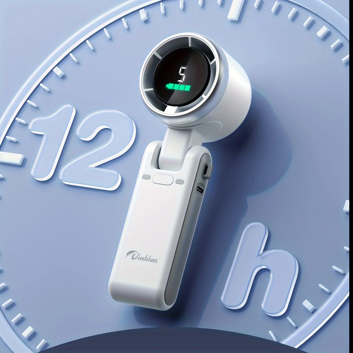 Mini foldable turbo fan with digital display placed on a large clock face background, showcasing compact design and portability