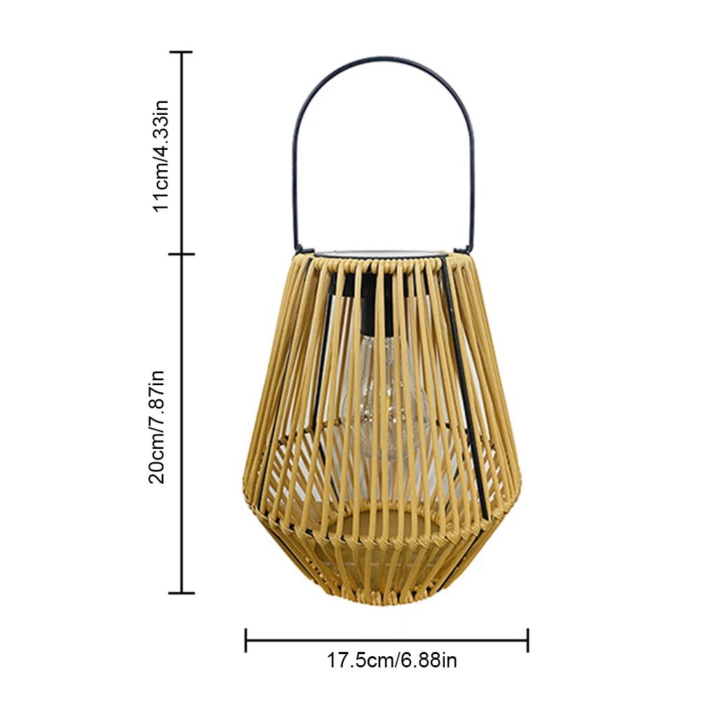 Woven lantern with dimensions on a white background