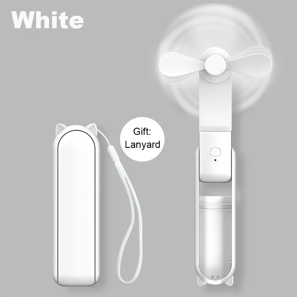White handheld fan with lanyard on a gray background