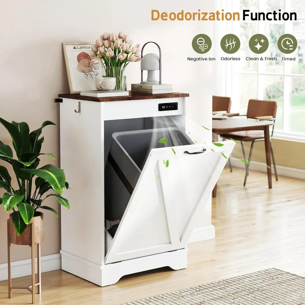 White trash bin with deodorization function in a room with a plant and table.