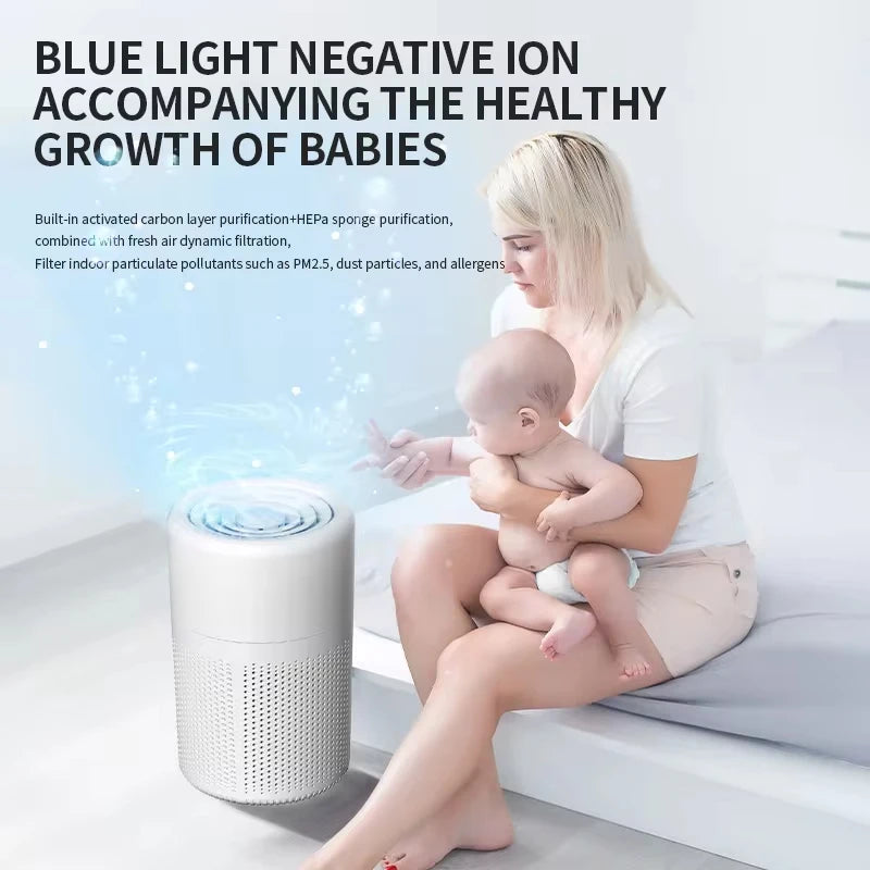 Woman holding a baby next to an air purifier with text about blue light negative ions and baby health.