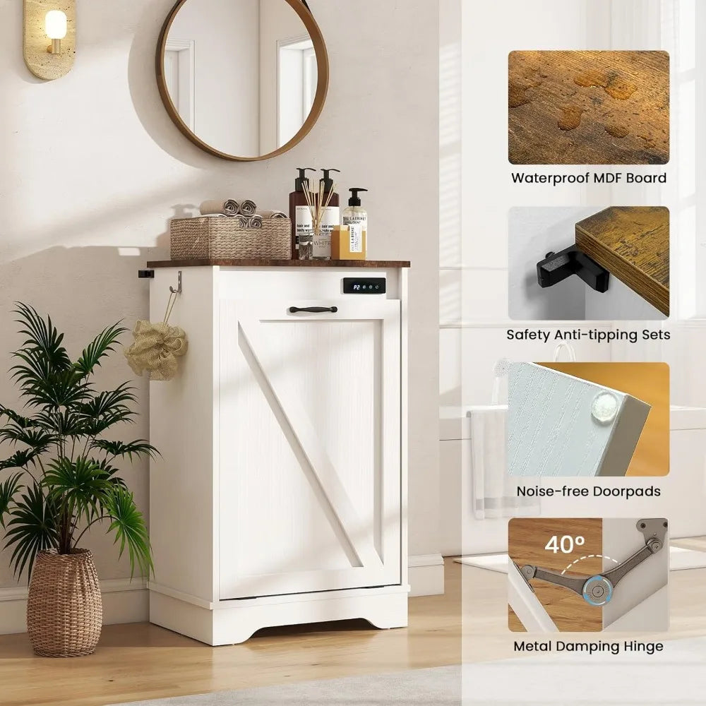 White cabinet garbage can with safety features highlighted in a home setting