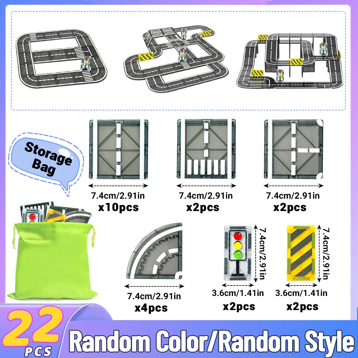 Children's toy road track set with storage bag on a white background