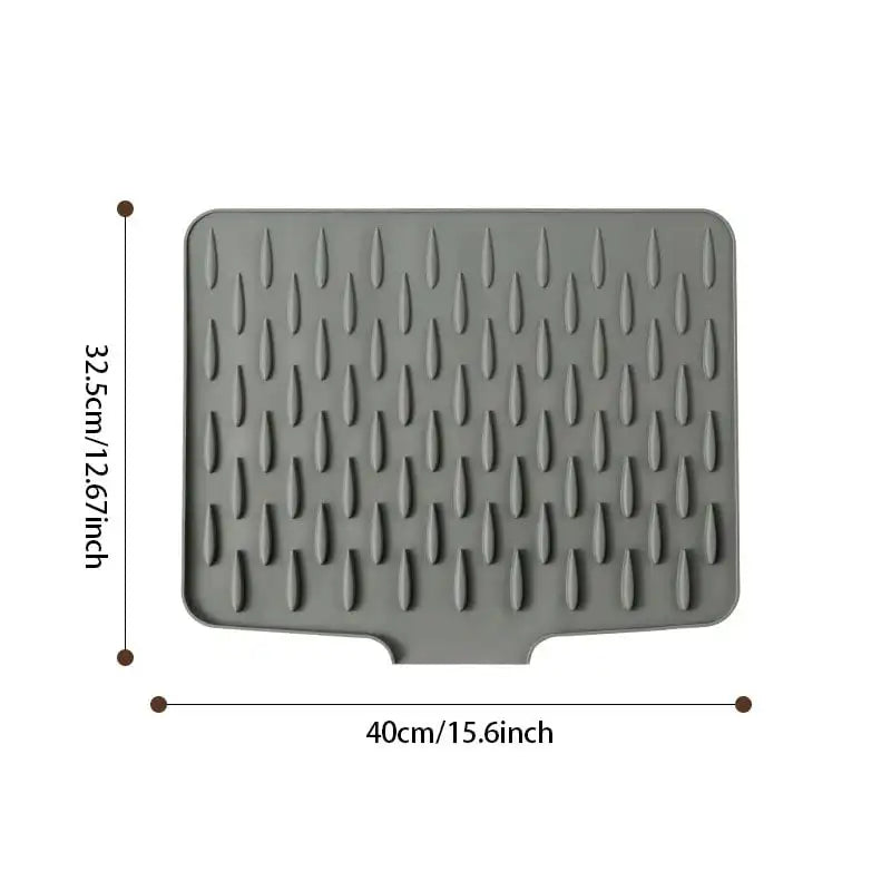 Gray silicone drying mat with textured surface and measurements on a white background