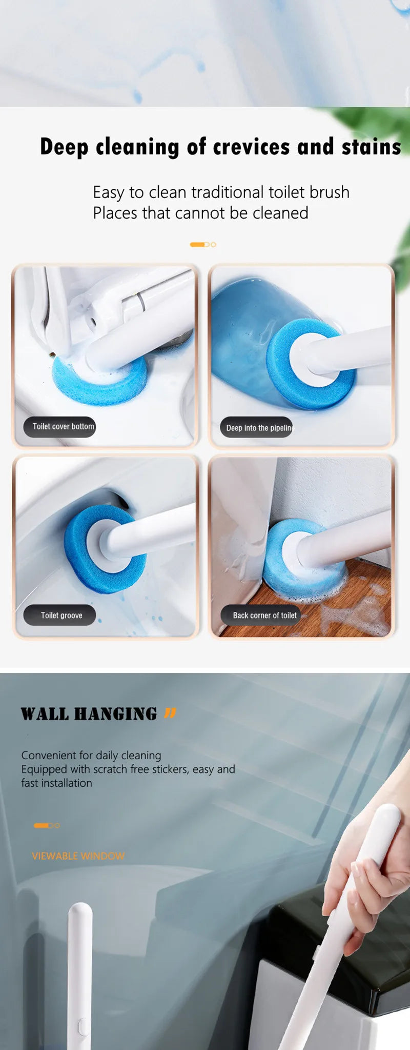 Toilet brush cleaning deep crevices with replaceable sponge head and wall-mounted storage