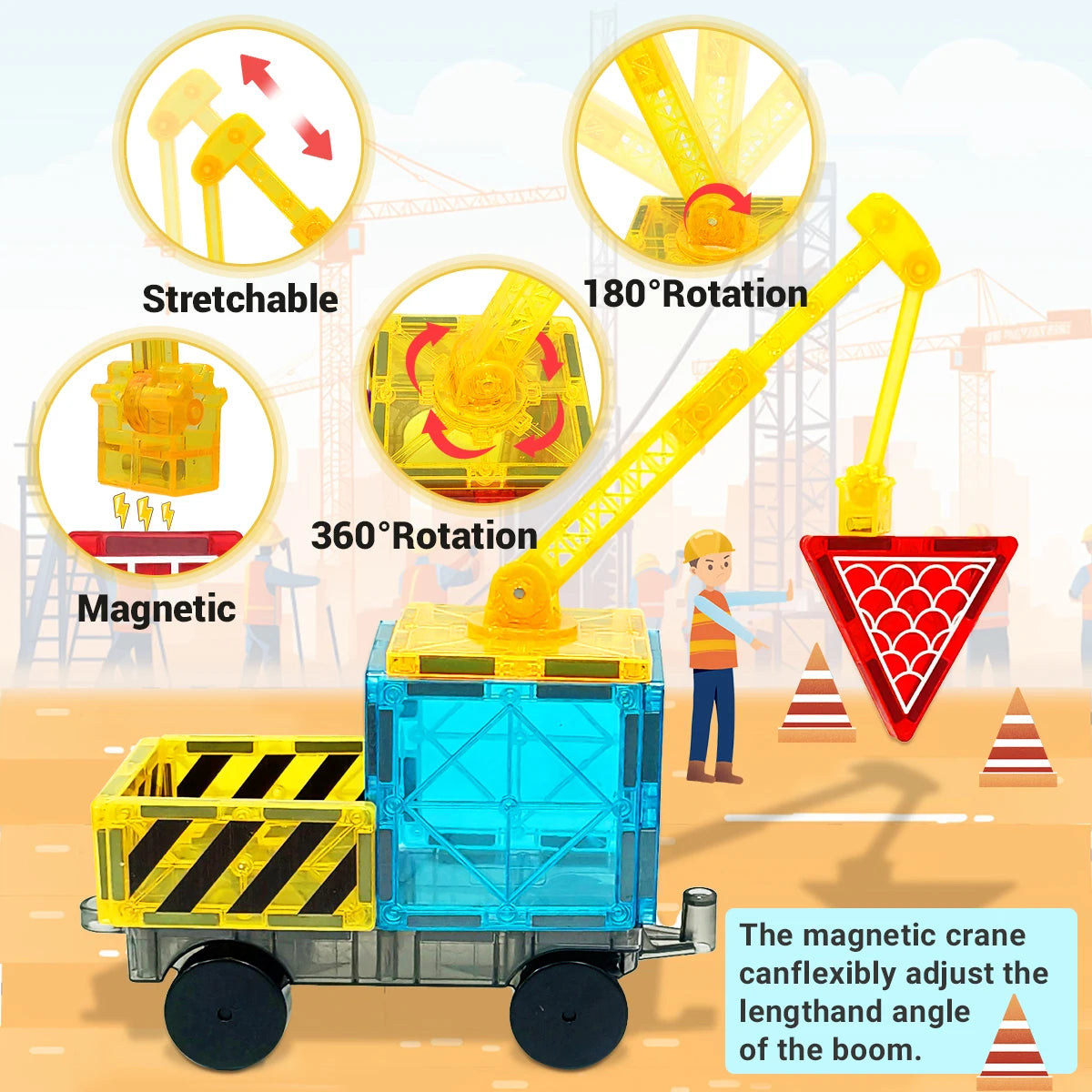 Toy crane with features like stretchable, 180-degree rotation, 360-degree rotation, and magnetic properties on a construction-themed background.