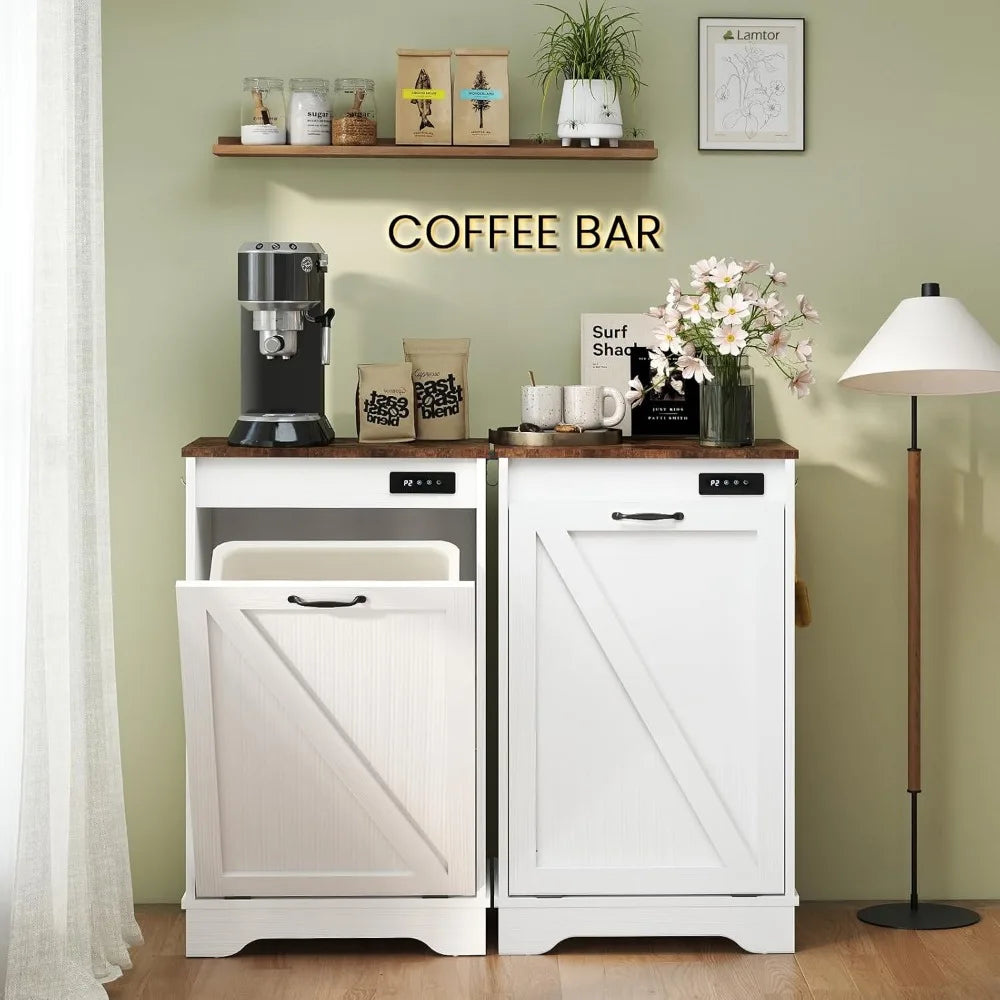 White cabinet with wooden top in a room labeled 'COFFEE BAR' with coffee-making equipment and decor.