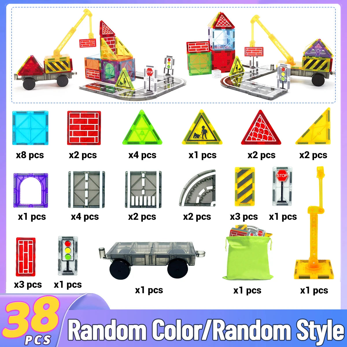 Construction toy set with various pieces and accessories on a white background.