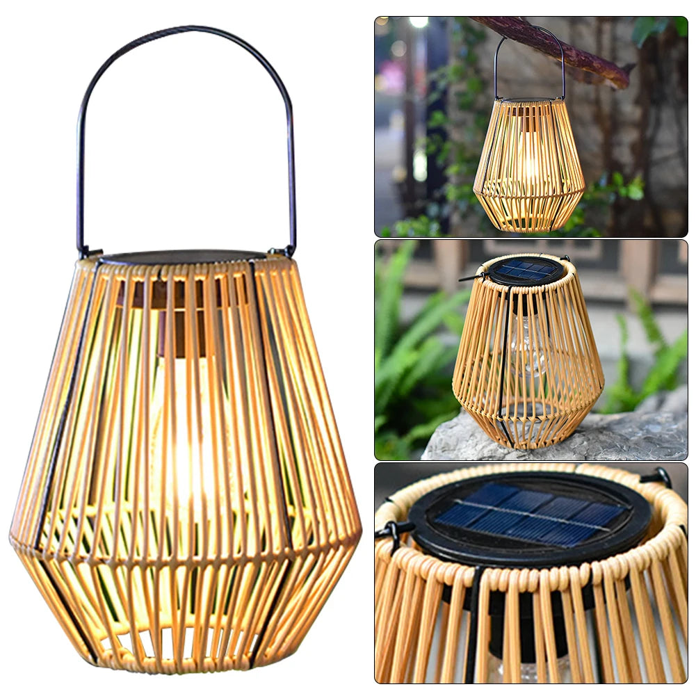 Woven bamboo Rattan lantern with solar panel, shown in various settings.