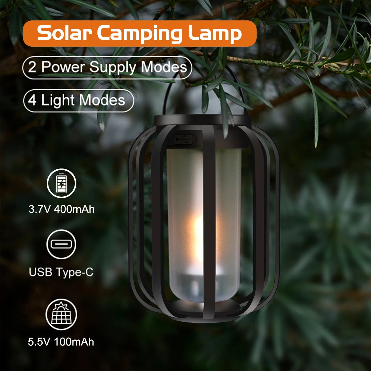 Solar camping lamp with power supply and light mode details on a natural background