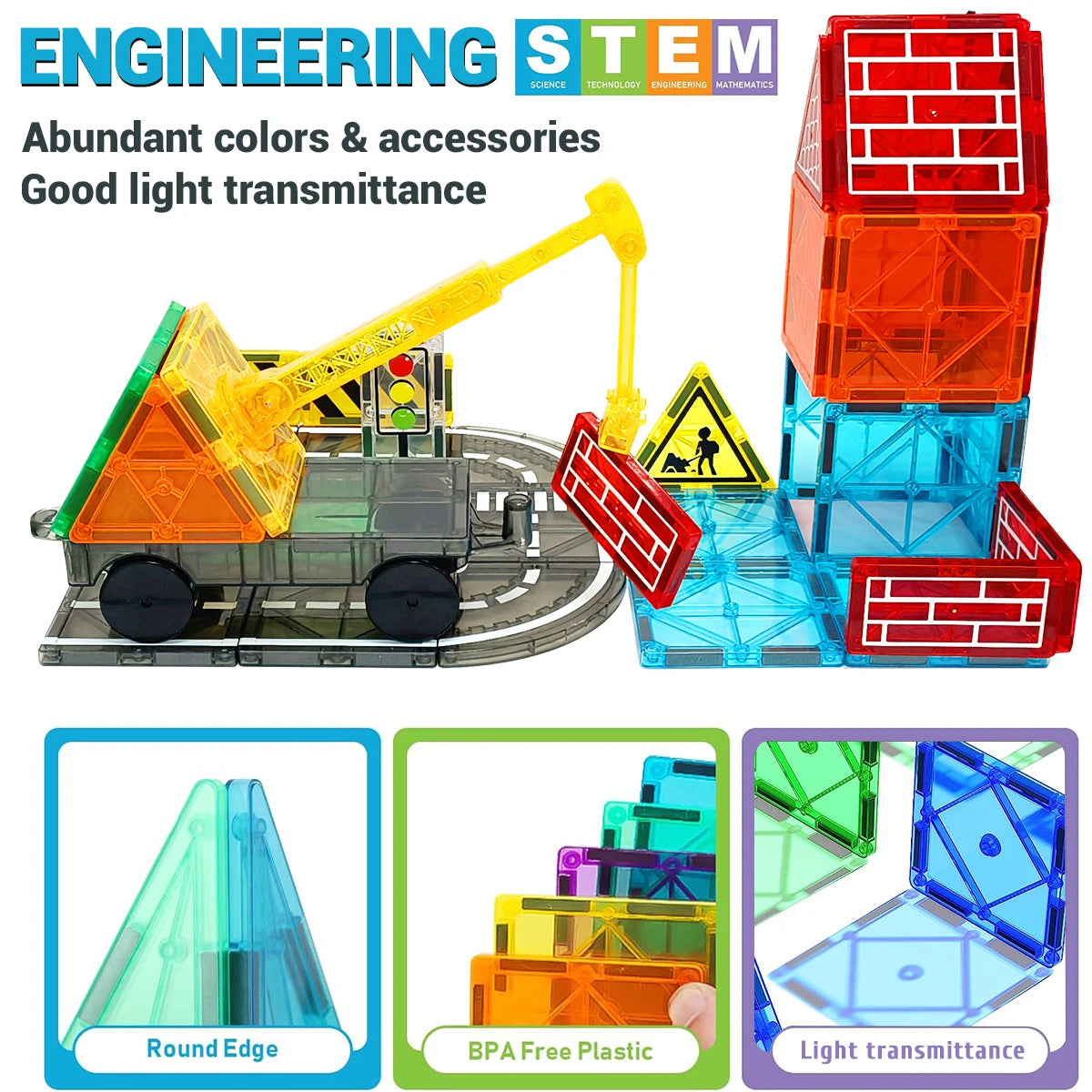 Toy construction set with crane and containers, featuring colorful components and text about STEM education.