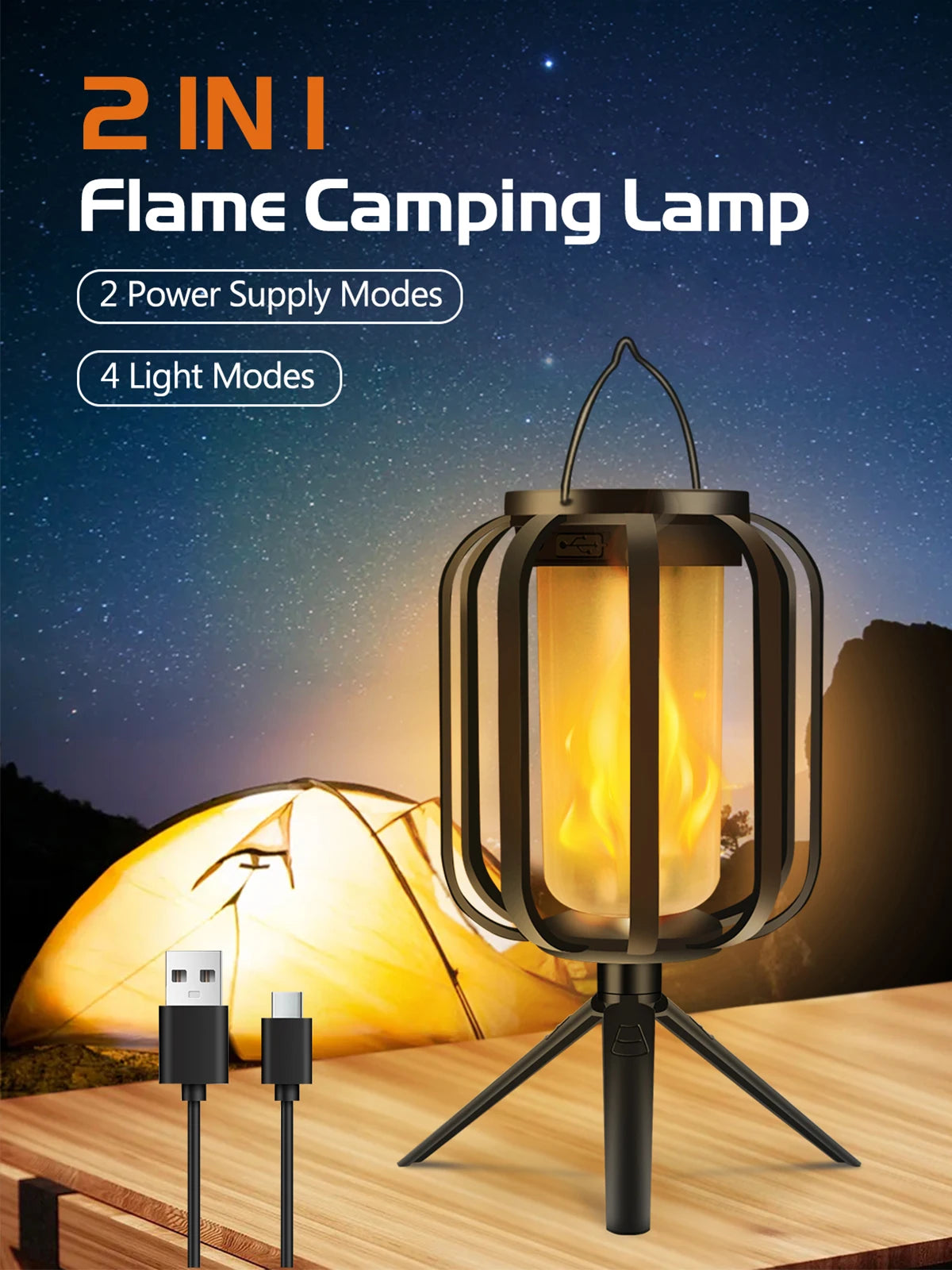 2-in-1 flame camping lamp with power supply and light mode features, set against a night sky with a tent.