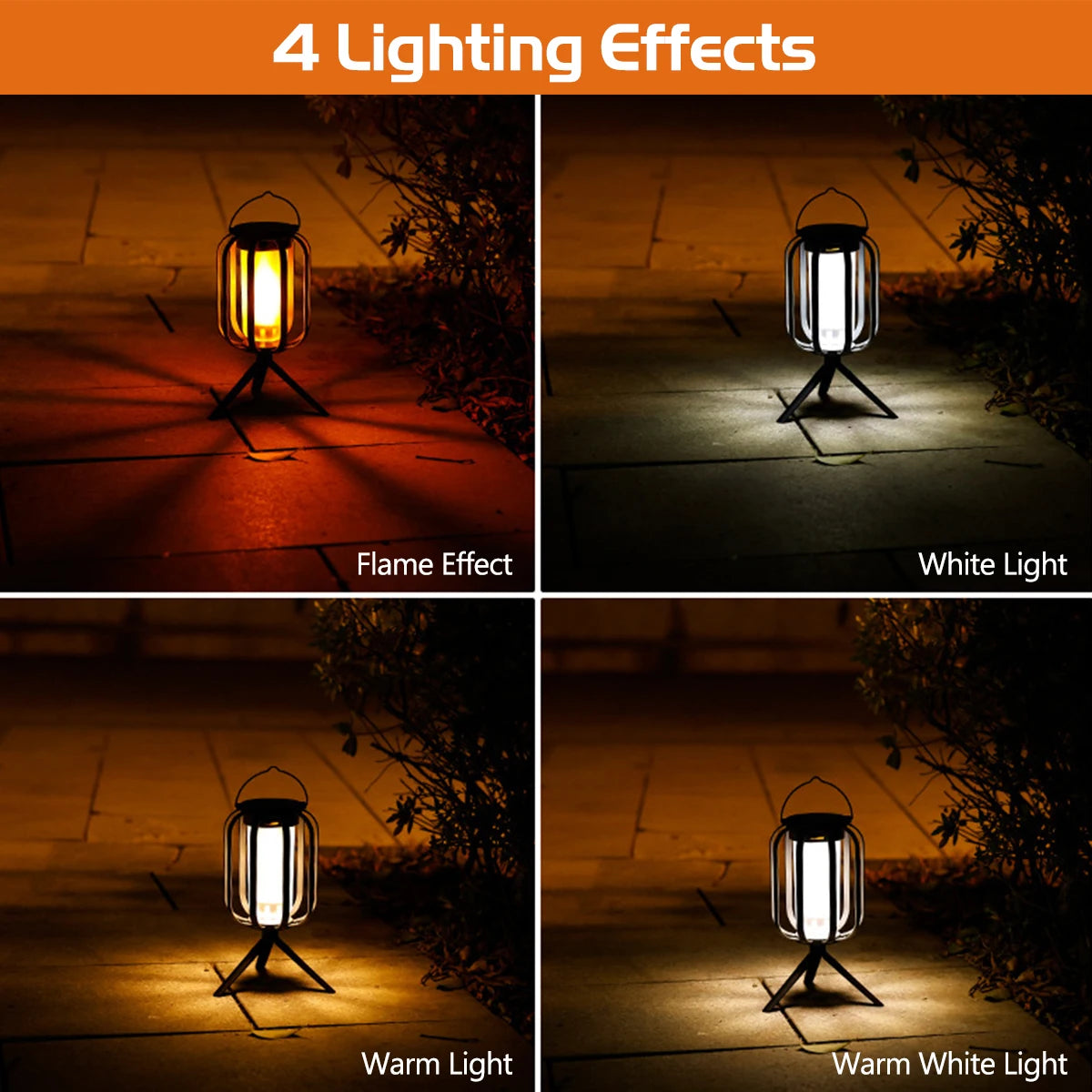 Collage of a lantern with four different lighting effects on a dark background.