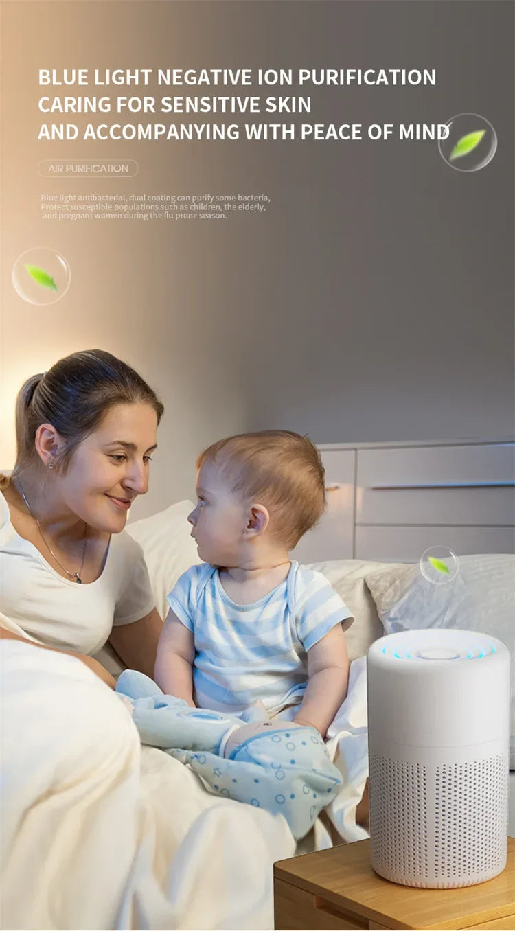 Woman and child sitting next to a white air purifier with text about blue light negative ion purification.