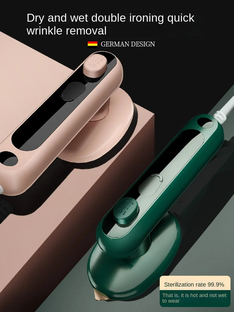 Mini steam irons in green and pink showcasing dual dry and wet ironing design with 99.9% sterilization rate and German engineering