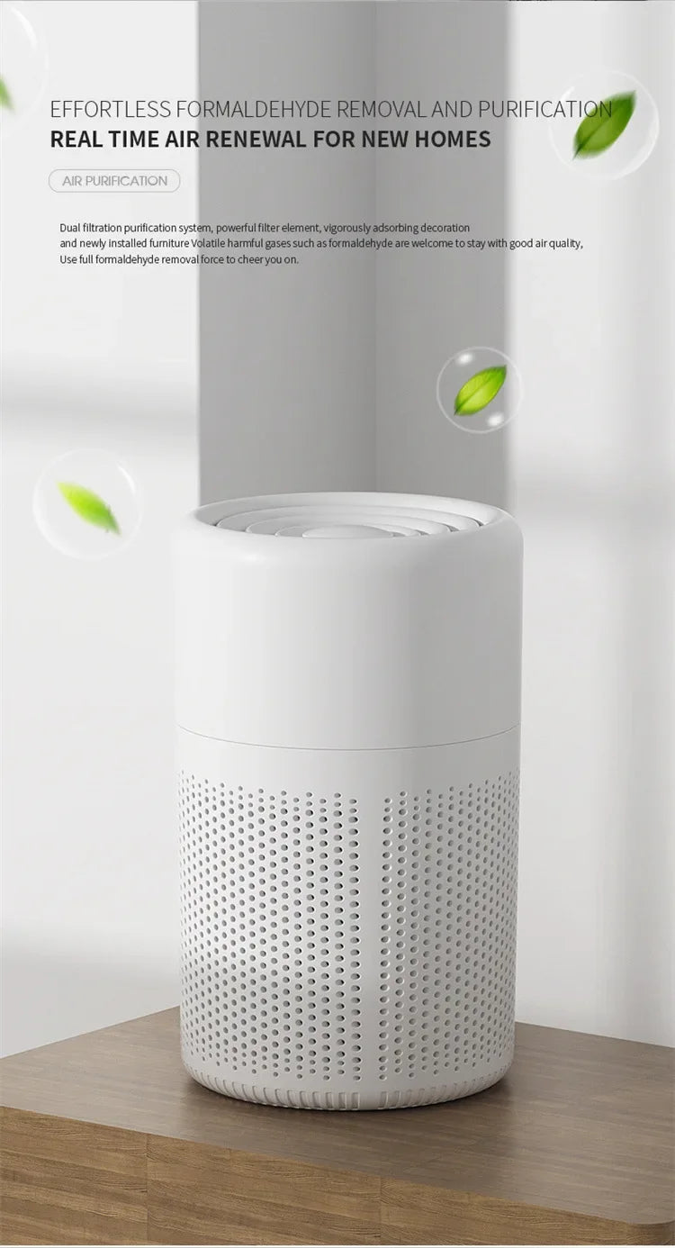 Air purifier on a wooden surface with text about formaldehyde removal and real-time air renewal.