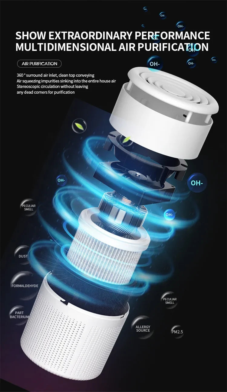 Air purifier with multidimensional air purification technology on a dark background