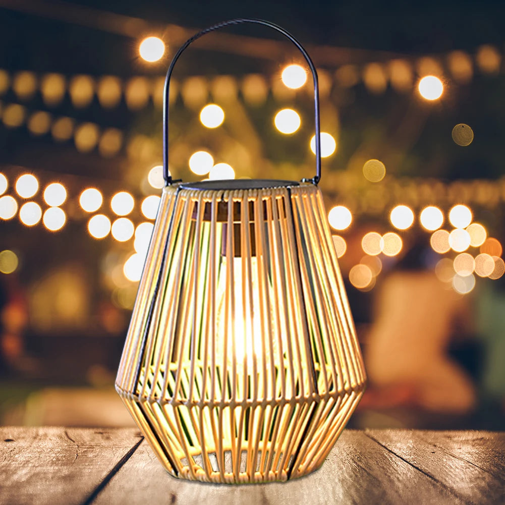 Wicker lantern on a wooden surface with blurred lights in the background