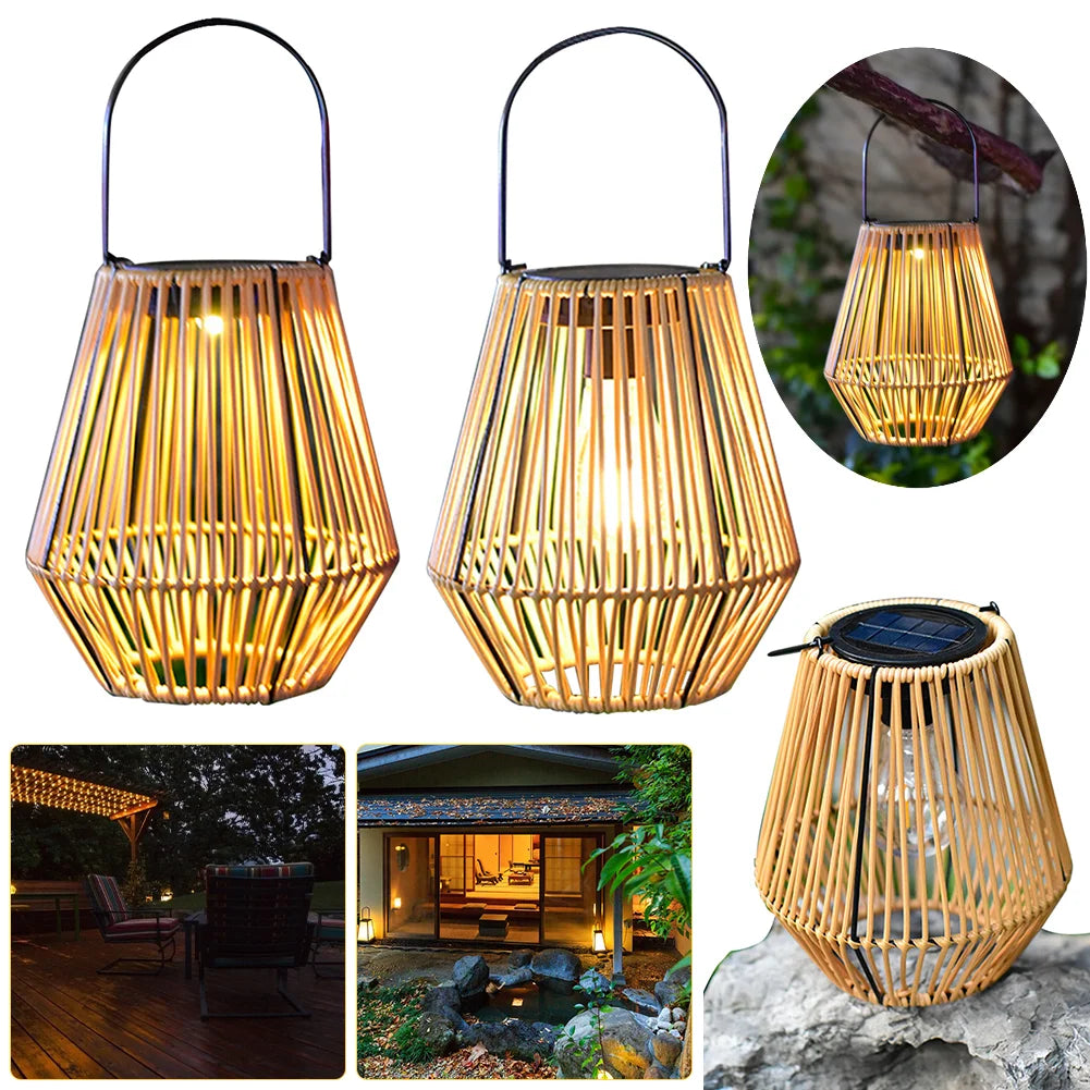 Woven bamboo lanterns with solar lights, shown in various settings.
