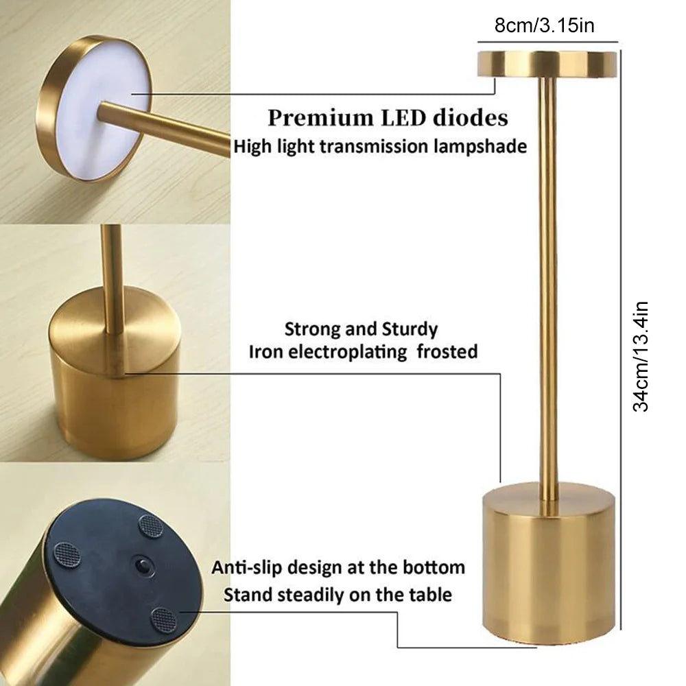 Gold lamp with features highlighted, including LED diodes and anti-slip design.