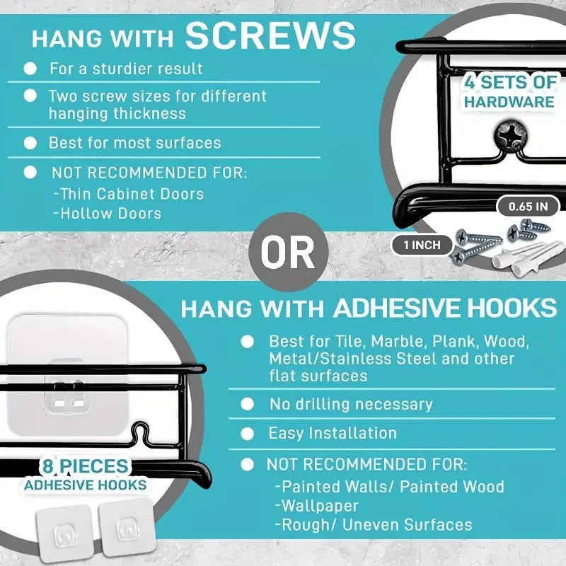 Installation options for spice rack: hang with screws or adhesive hooks