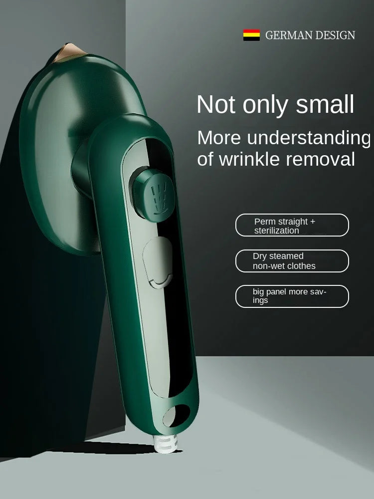 Compact green mini steam iron with German design, highlighting wrinkle removal, sterilization, and dry steam features
