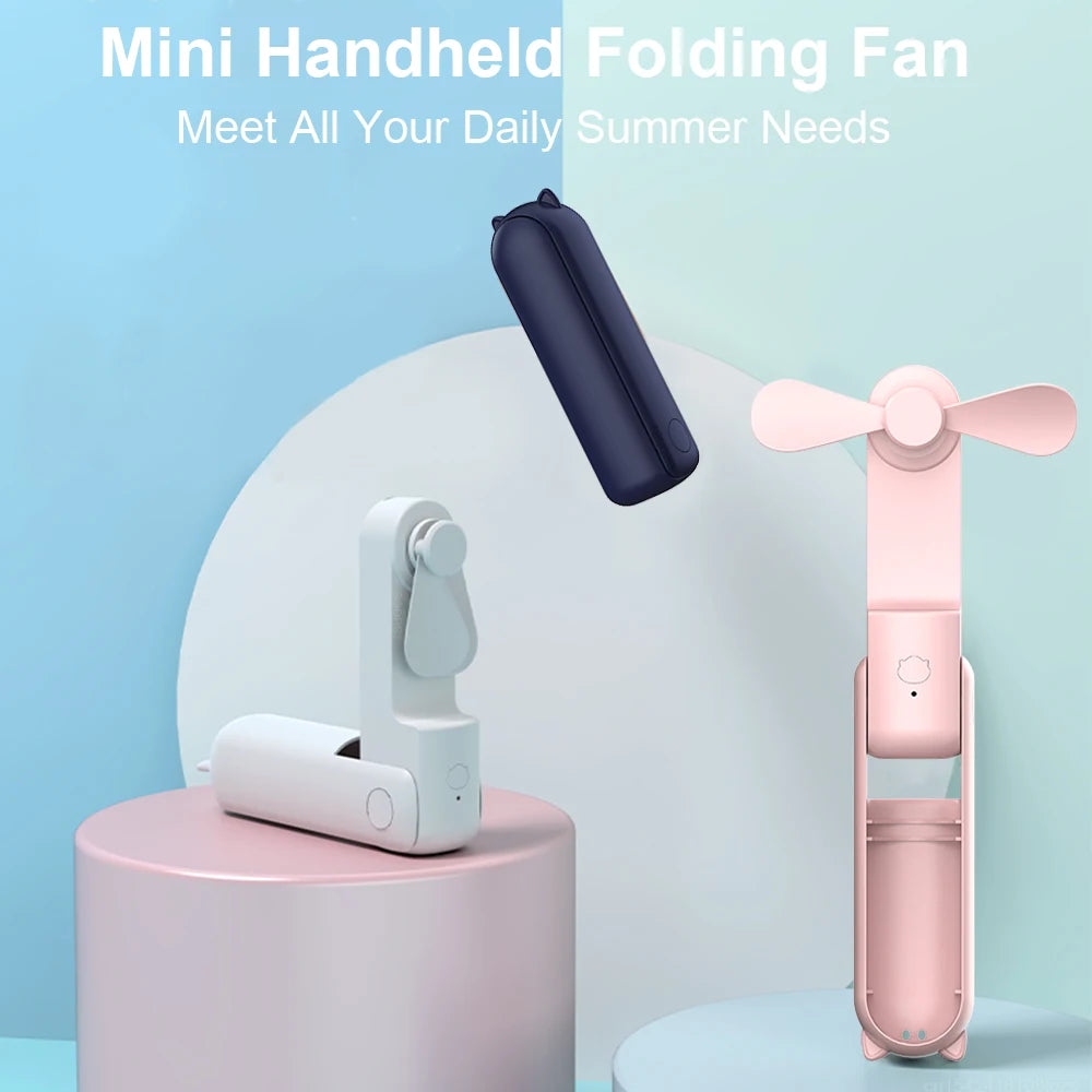 Mini handheld folding fans on a light blue background with text about meeting daily summer needs.