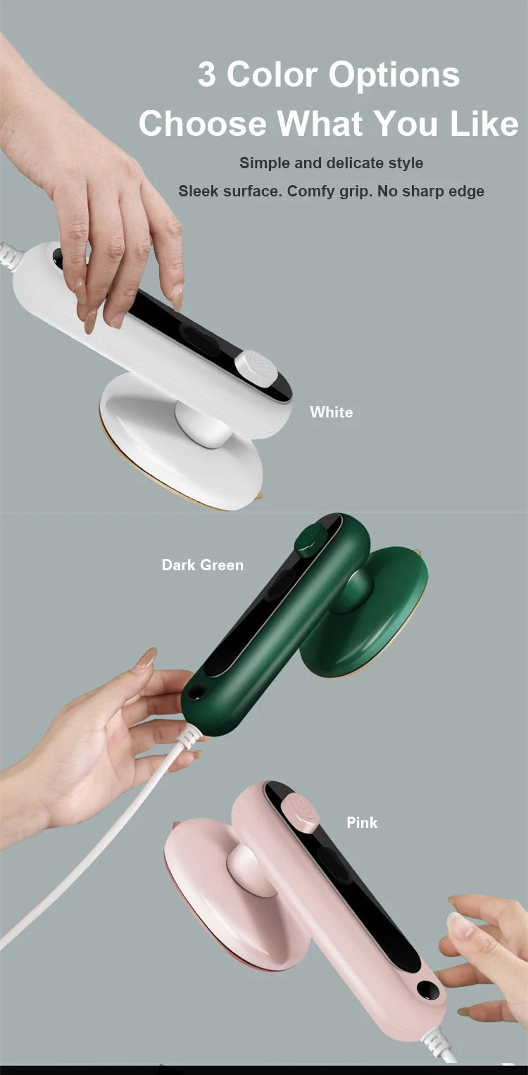 Mini steam iron shown in white, dark green, and pink color options with ergonomic handheld design