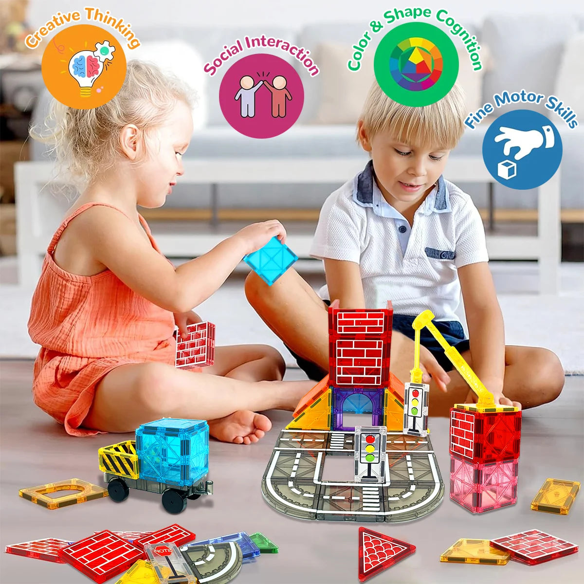 Two children playing with a toy construction set on the floor, surrounded by educational icons.
