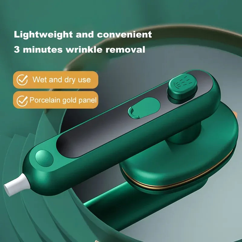 green mini steam iron close up