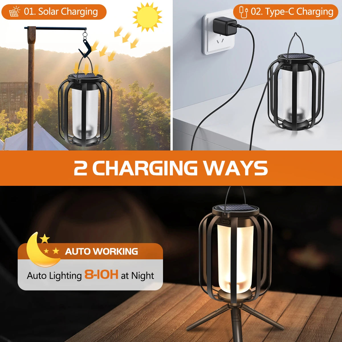 Solar-powered outdoor lantern with charging methods and auto lighting feature.