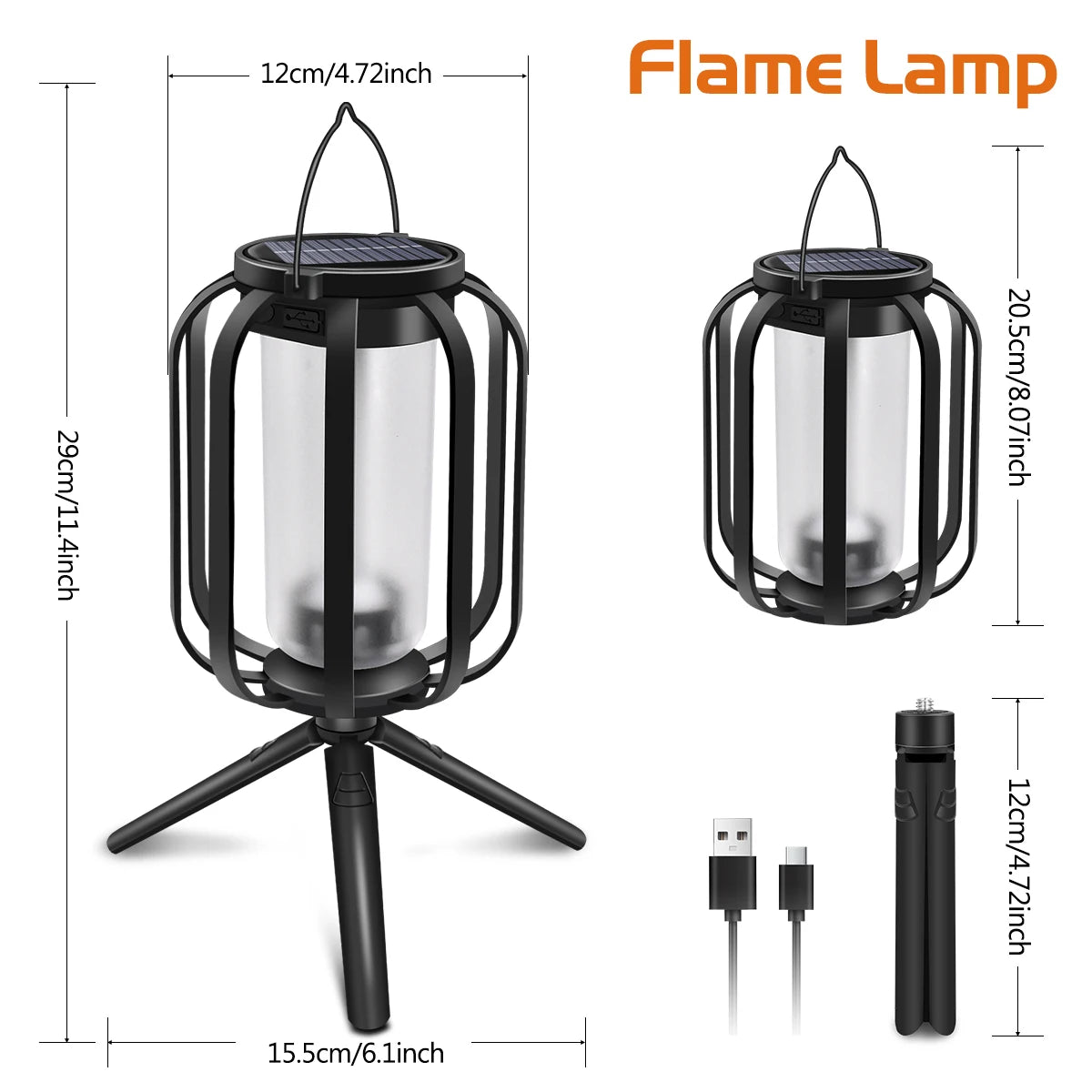 Solar-powered flame lamp with dimensions and USB cable on a white background