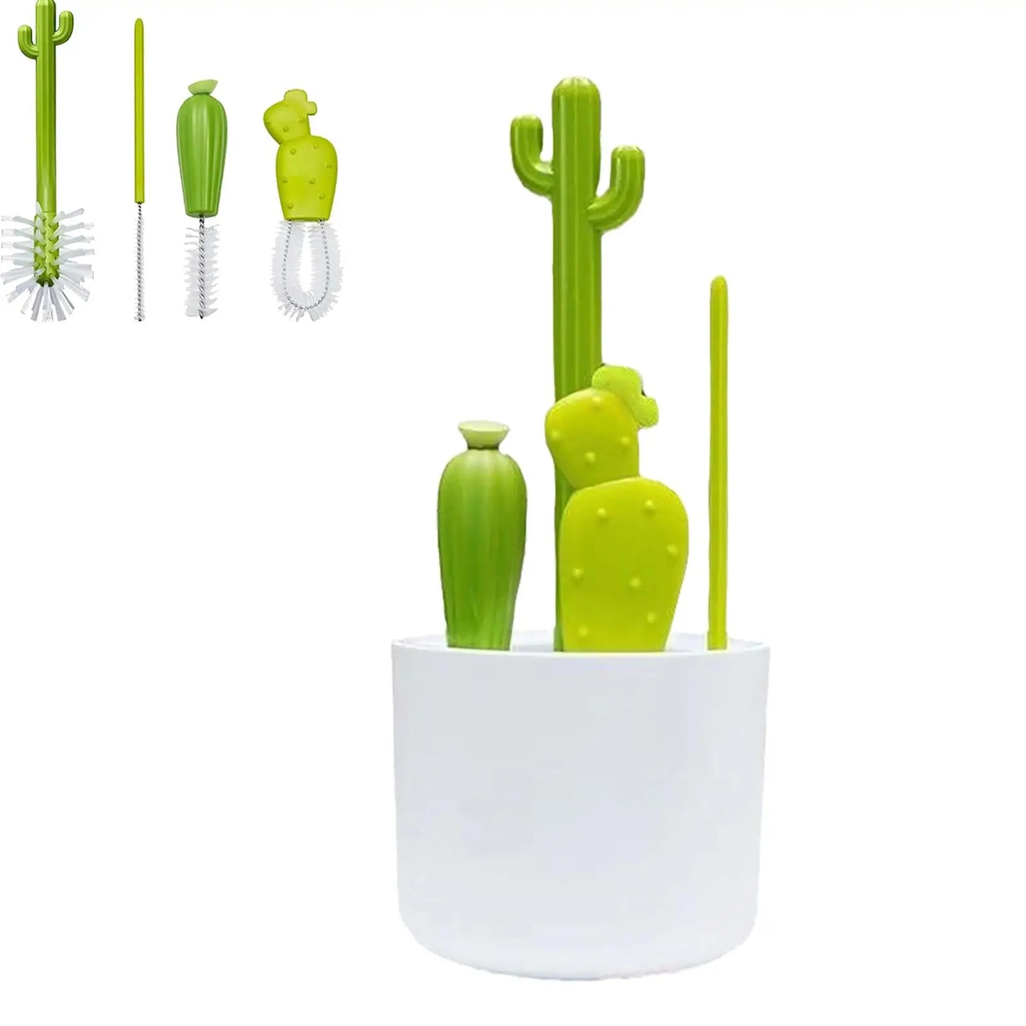 Set of cactus-themed kitchen utensils including a brush, straws, and a holder on a white background.