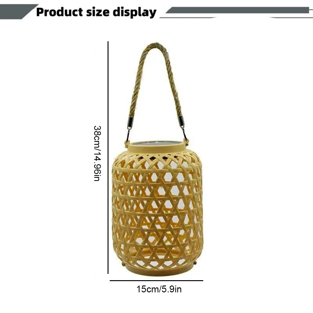 Woven lantern with dimensions displayed on a white background