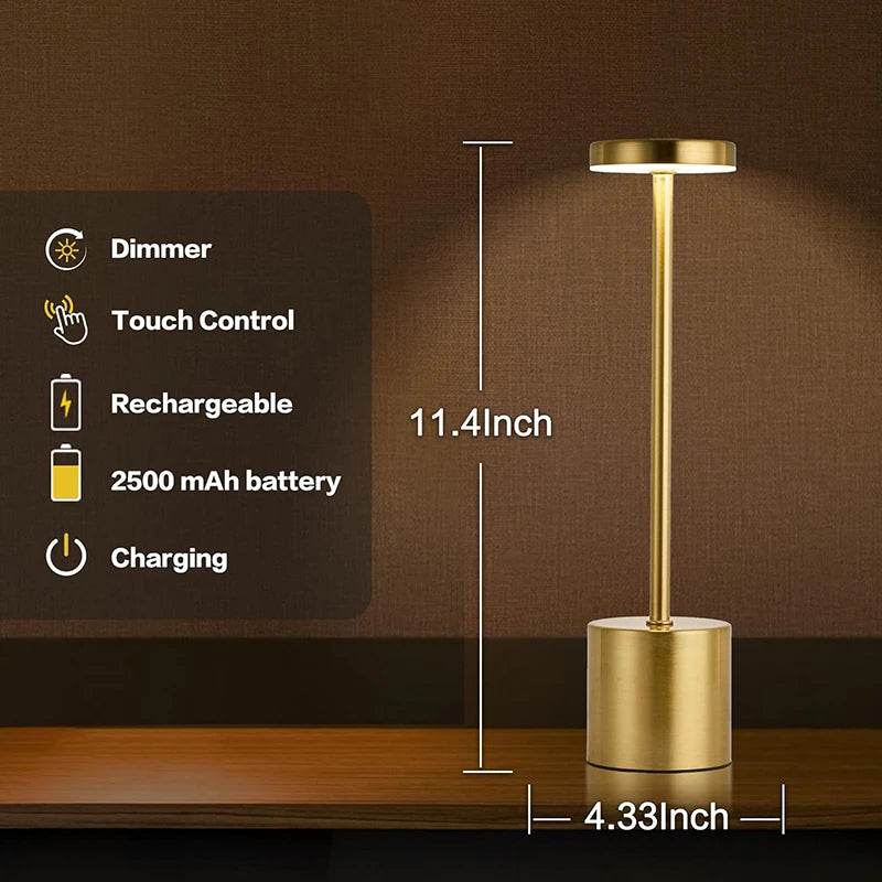 Gold rechargeable LED table lamp with touch control and dimming features, 11.4 inches tall