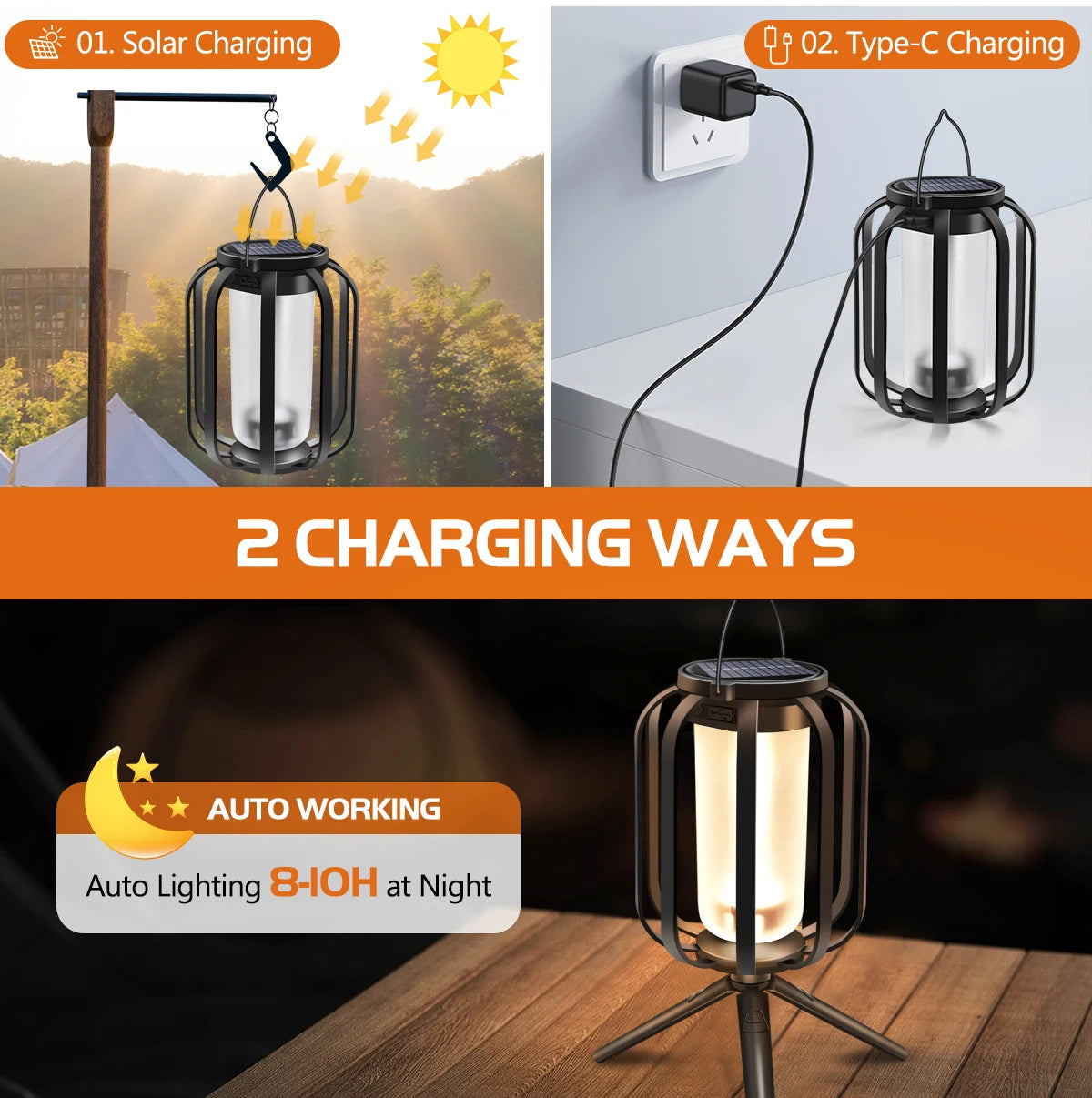 Solar lamp with charging options on a collage background
