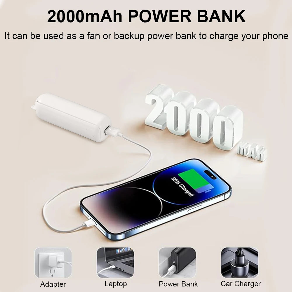2000mAh power bank with smartphone charging, adapter, laptop, power bank, and car charger icons on a beige background.