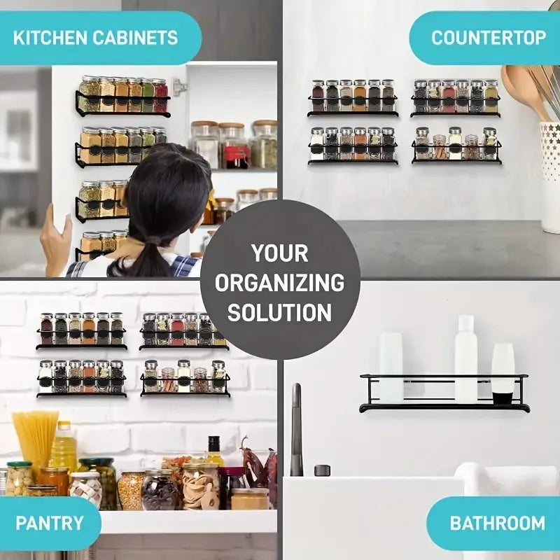 Multi-purpose spice rack used in kitchen cabinets, countertop, pantry, and bathroom