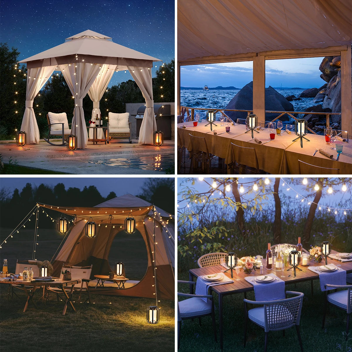 Collage of outdoor settings with gazebos, tables, and chairs under string lights.