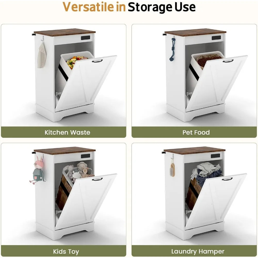 Multifunctional storage unit with different compartments for kitchen waste, pet food, kids toy, and laundry hamper.
