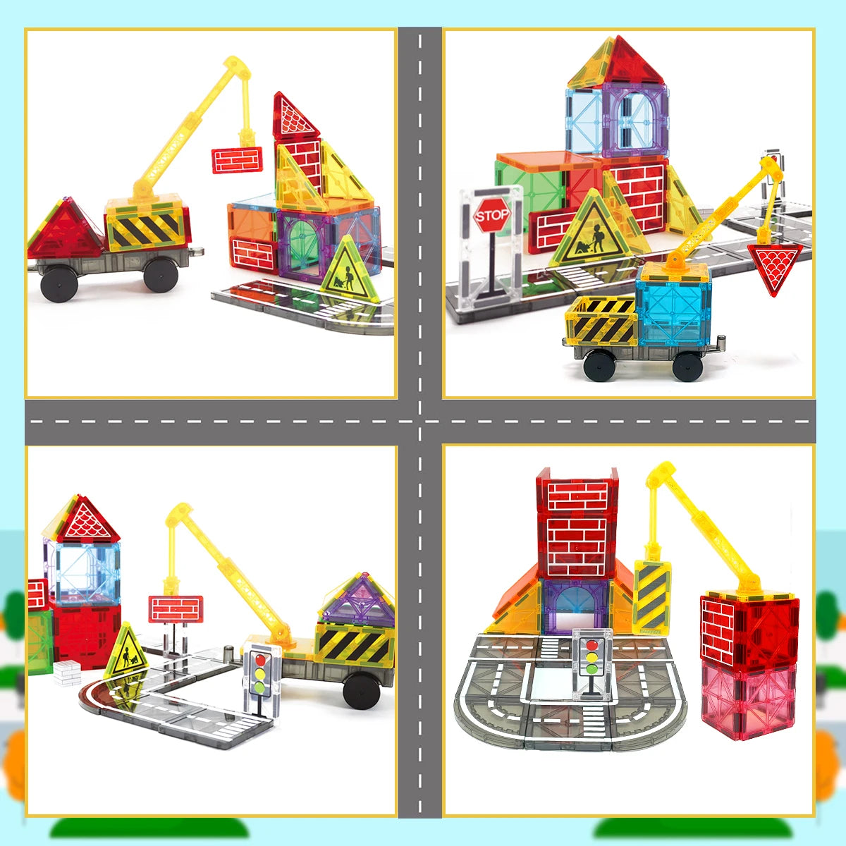 Toy construction set with colorful buildings, cranes, and traffic signs on a road layout.